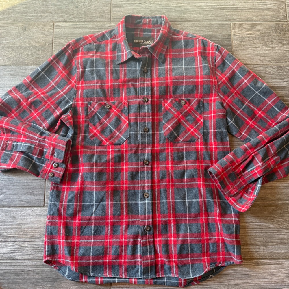 Outdoor Casuals Mens Plaid Flannel Long Sleeve Button Up Shirt Red Gray Size L‎